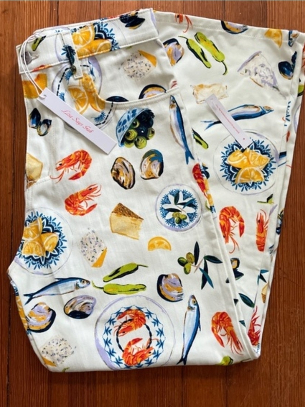 NWOT Lisa Says Gah Cream Printed Pants with Multicolor Seafood Tapas Motif Sz 8 - Picture 5 of 12